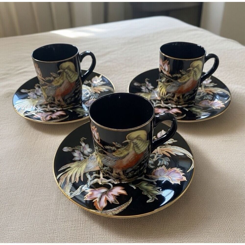 6 Pcs Fitz&Floyd Chinese Pheasant Plate& Mug 14K Trim Black Olive Made In Japan